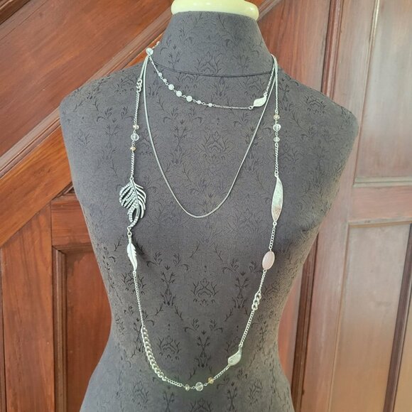 Silver-Tone Express Layered Necklace With Leaf Pendant & Beaded Accents - Picture 1 of 6